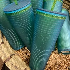 Venti Starbucks teal/ neon green Starbucks grid tumbler